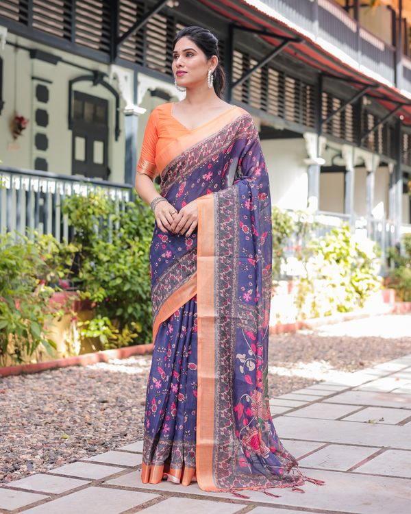 Navy Blue Floral Printed Linen Cotton Saree With Blouse