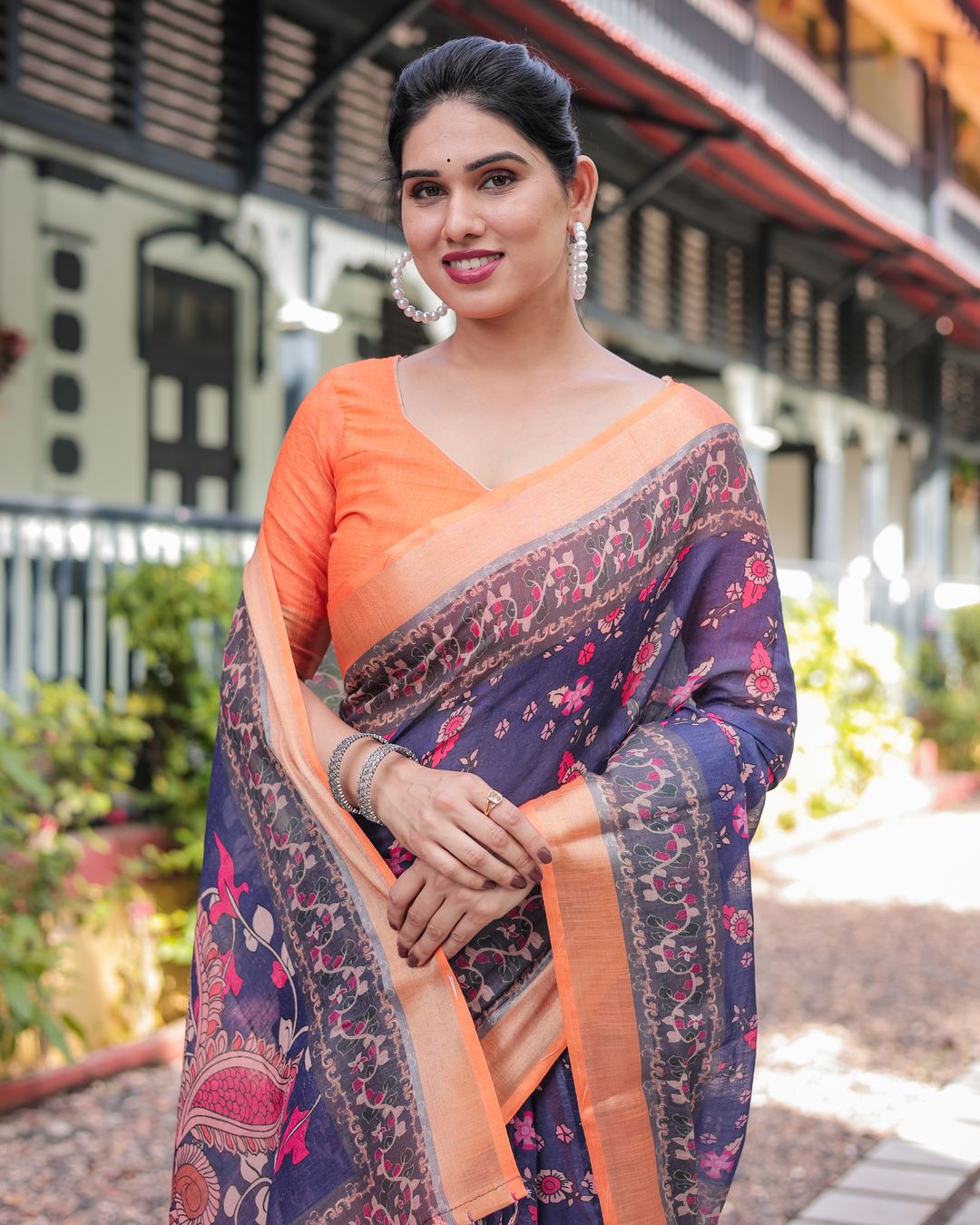 Navy Blue Floral Printed Linen Cotton Saree With Blouse