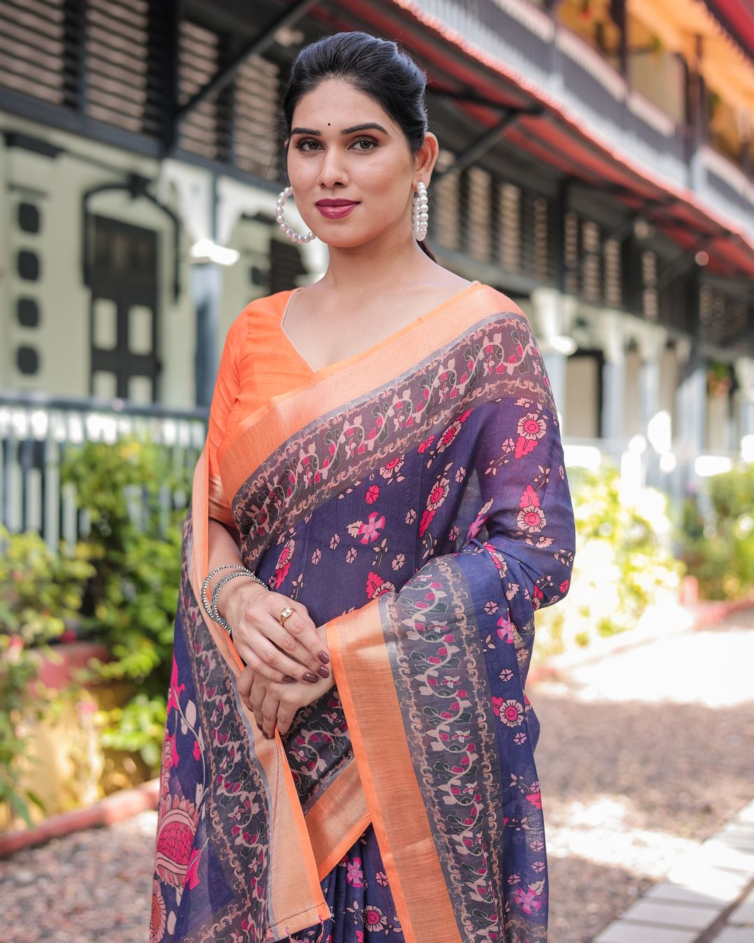 Navy Blue Floral Printed Linen Cotton Saree With Blouse