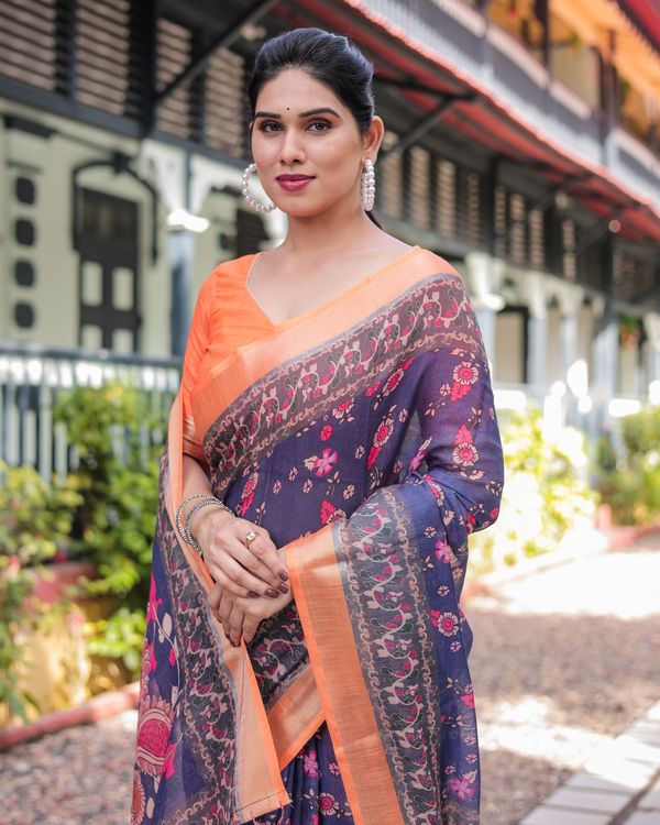 Navy Blue Floral Printed Linen Cotton Saree With Blouse
