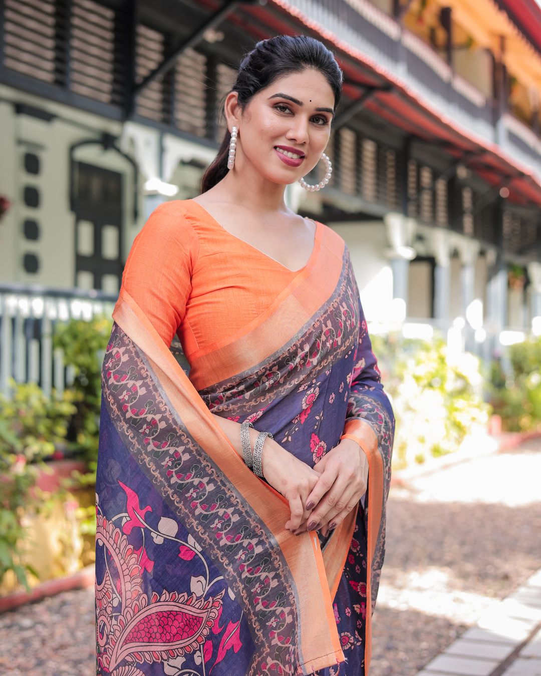 Navy Blue Floral Printed Linen Cotton Saree With Blouse