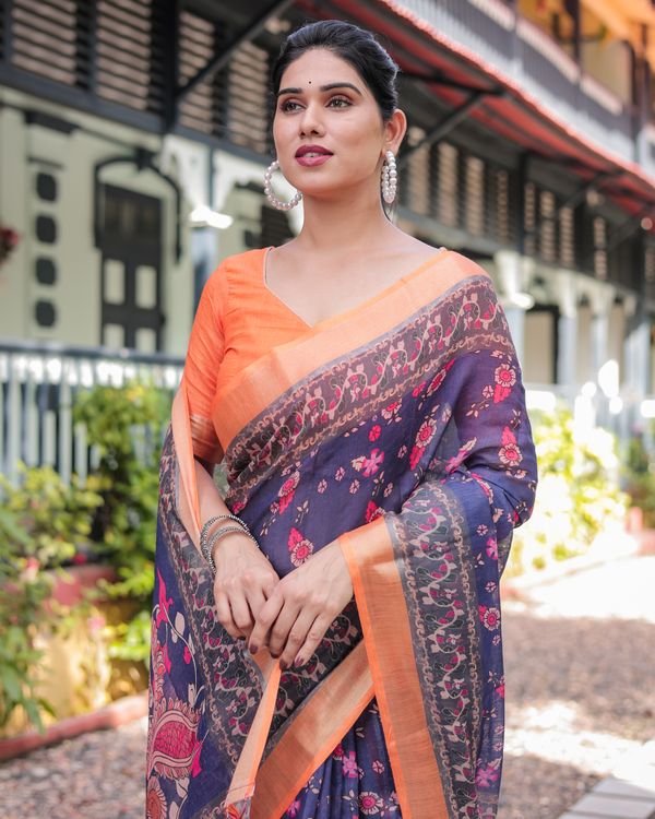 Navy Blue Floral Printed Linen Cotton Saree With Blouse