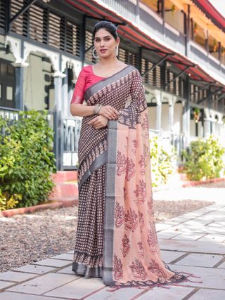 Pink Grey Checked Floral Linen Cotton Saree With Blouse Set