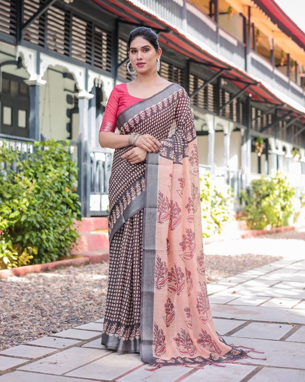 Pink Grey Checked Floral Linen Cotton Saree With Blouse Set
