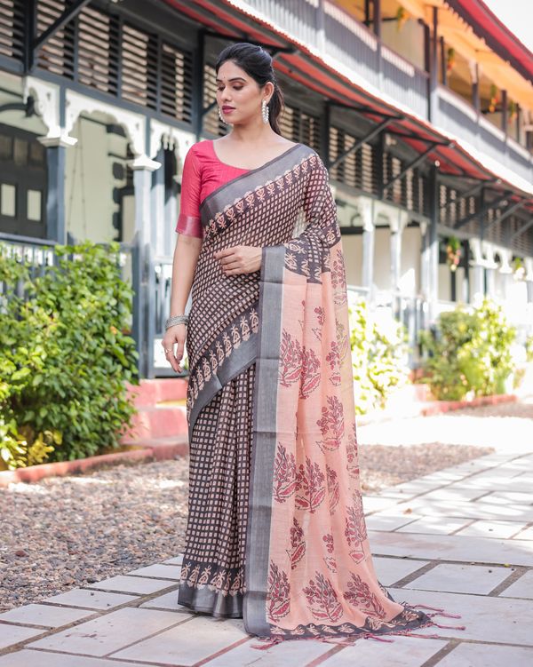 Pink Grey Checked Floral Linen Cotton Saree With Blouse Set
