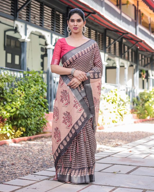 Pink Grey Checked Floral Linen Cotton Saree With Blouse Set