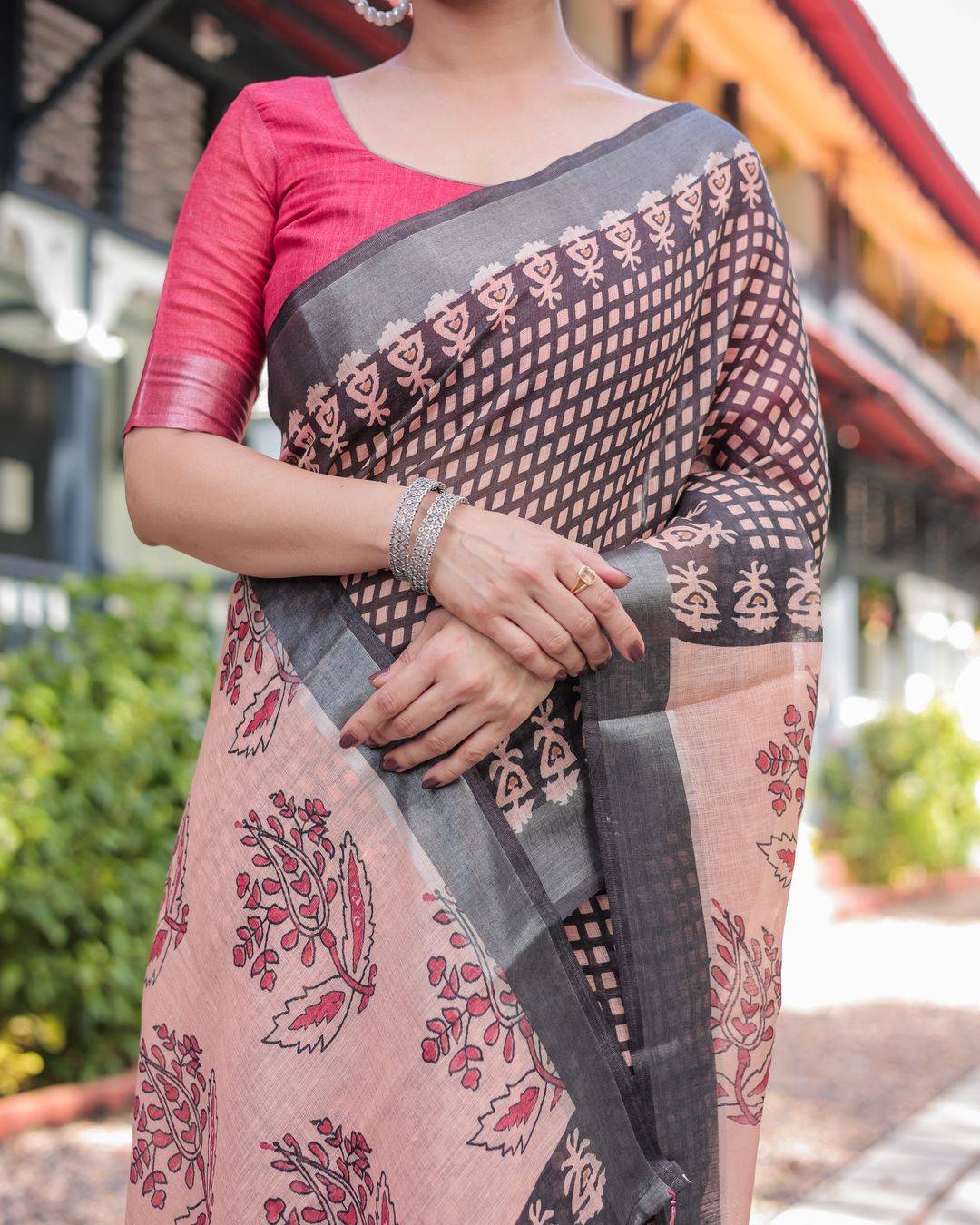 Pink Grey Checked Floral Linen Cotton Saree With Blouse Set