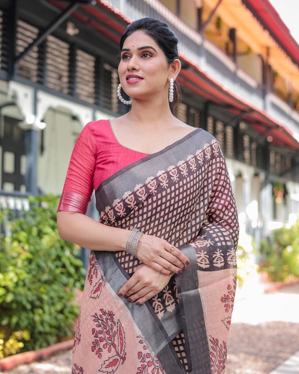 Pink Grey Checked Floral Linen Cotton Saree With Blouse Set