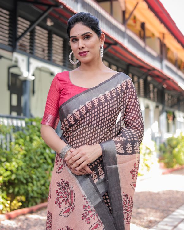 Pink Grey Checked Floral Linen Cotton Saree With Blouse Set