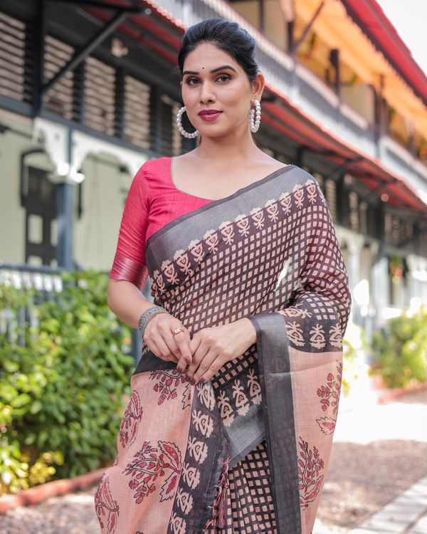 Pink Grey Checked Floral Linen Cotton Saree With Blouse Set