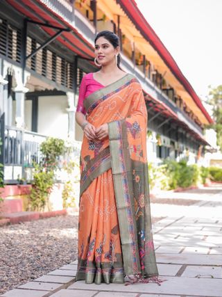 Orange Printed Linen Cotton Saree With Grey Border & Blouse