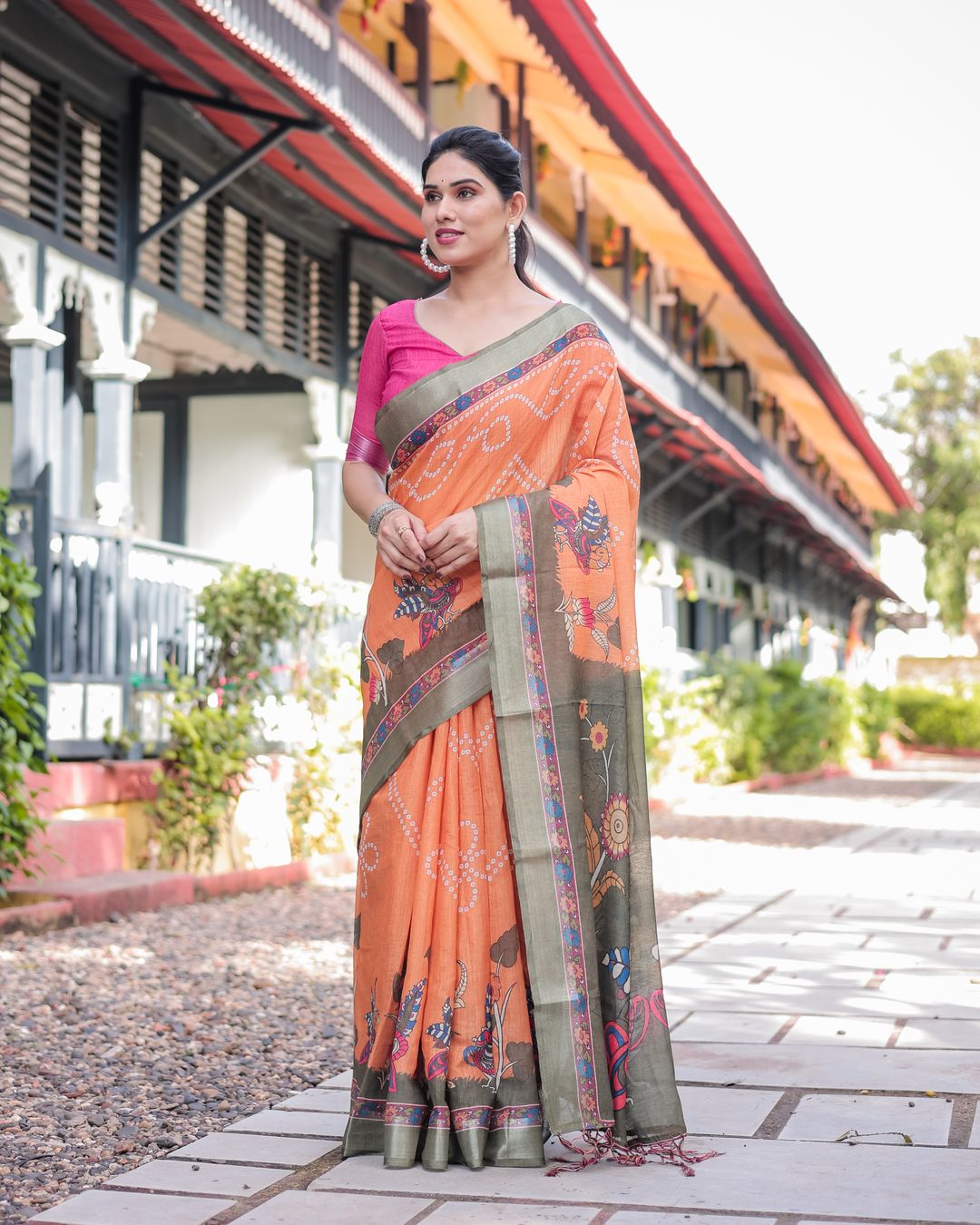 Orange Printed Linen Cotton Saree With Grey Border & Blouse