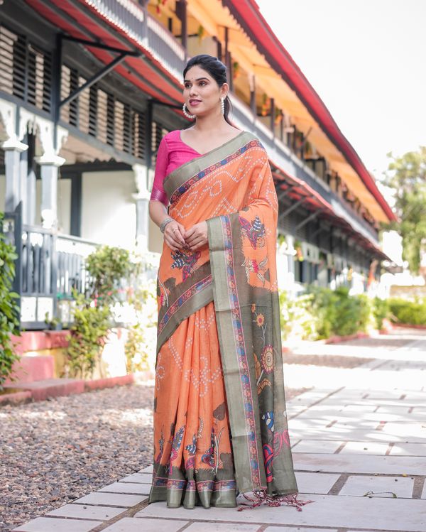Orange Printed Linen Cotton Saree With Grey Border & Blouse