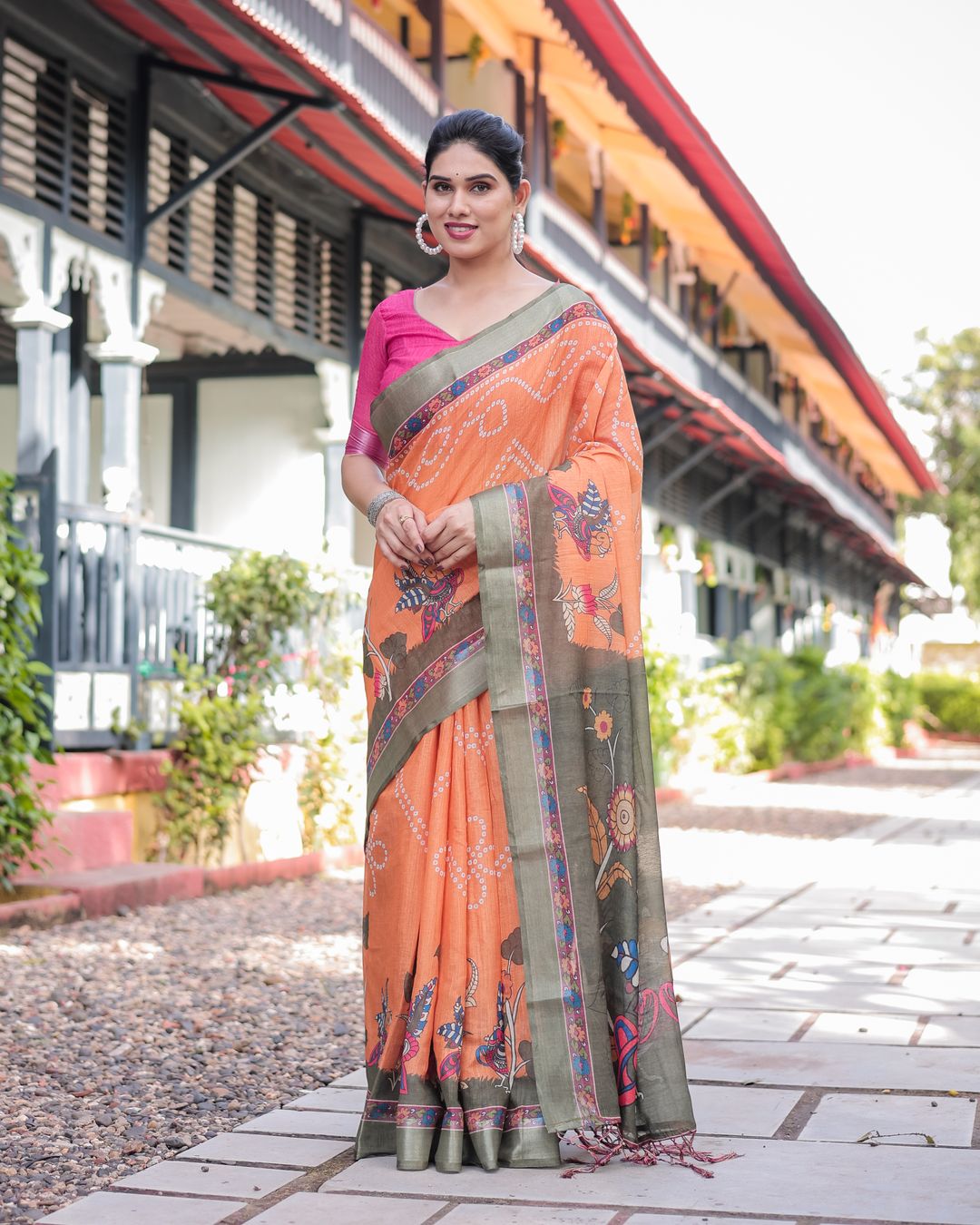 Orange Printed Linen Cotton Saree With Grey Border & Blouse