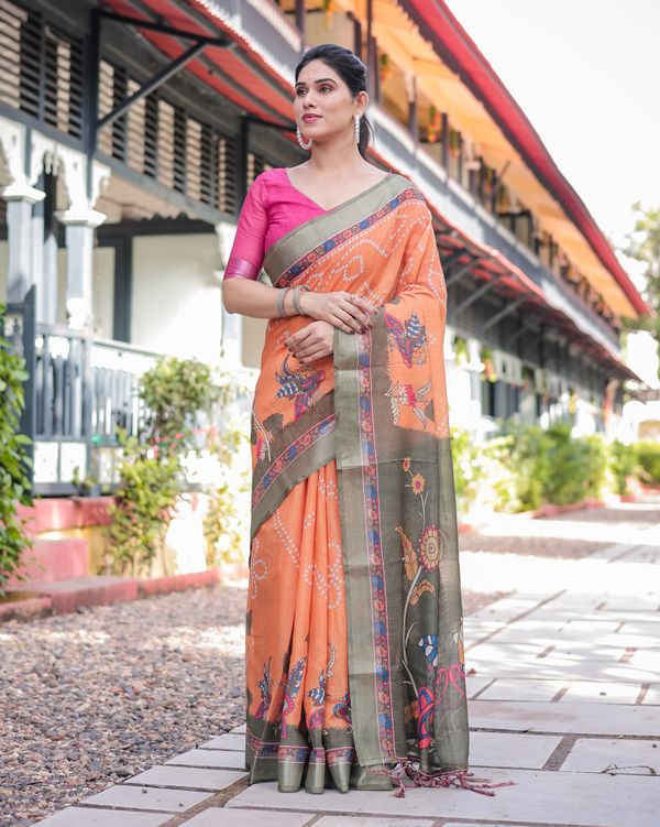 Orange Printed Linen Cotton Saree With Grey Border & Blouse