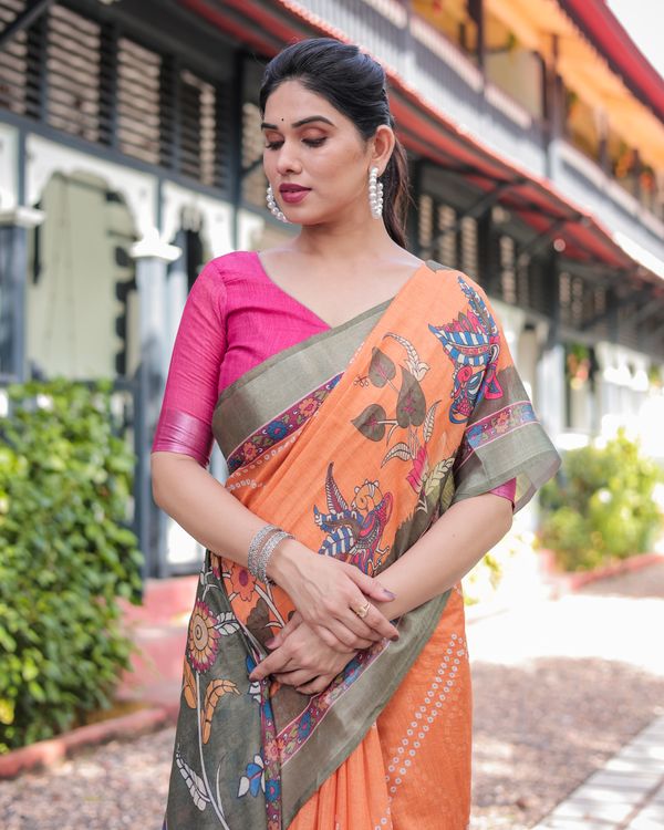 Orange Printed Linen Cotton Saree With Grey Border & Blouse