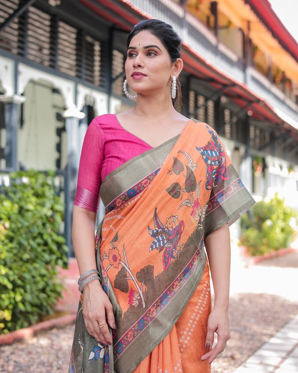 Orange Printed Linen Cotton Saree With Grey Border & Blouse