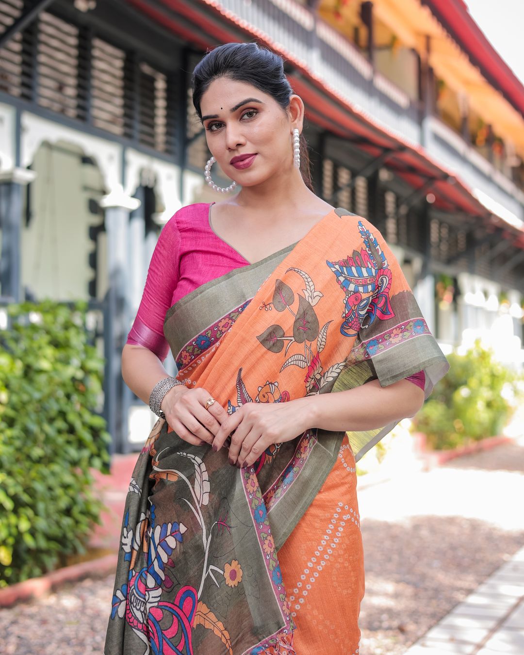 Orange Printed Linen Cotton Saree With Grey Border & Blouse