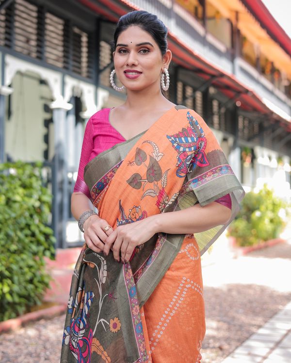 Orange Printed Linen Cotton Saree With Grey Border & Blouse