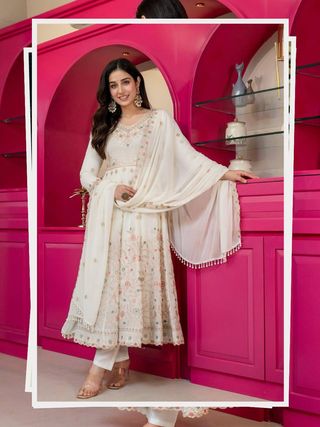 Ivory Anarkali Suit With Sequin Zari Embroidery And Dupatta