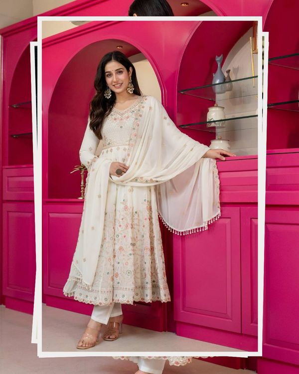 Ivory Anarkali Suit With Sequin Zari Embroidery And Dupatta