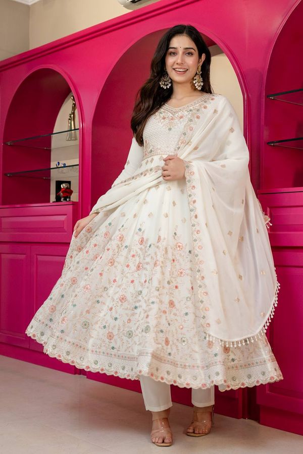 Ivory Anarkali Suit With Sequin Zari Embroidery And Dupatta