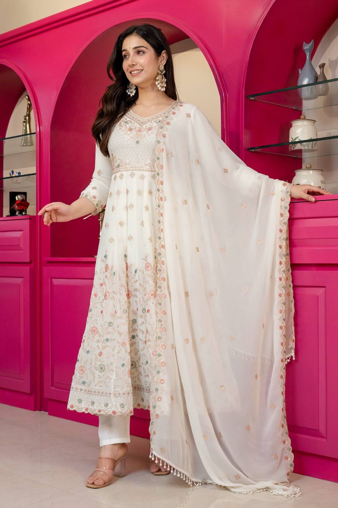 Ivory Anarkali Suit With Sequin Zari Embroidery And Dupatta