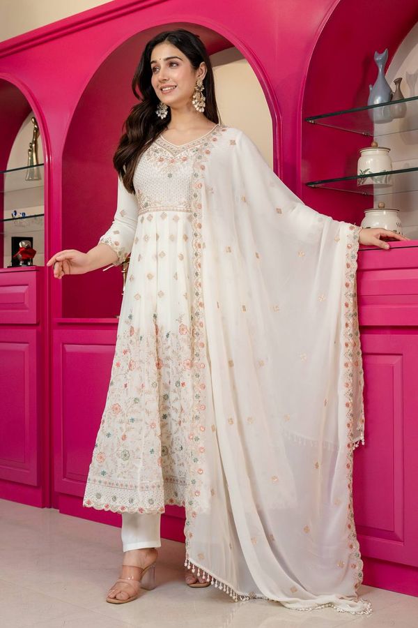 Ivory Anarkali Suit With Sequin Zari Embroidery And Dupatta