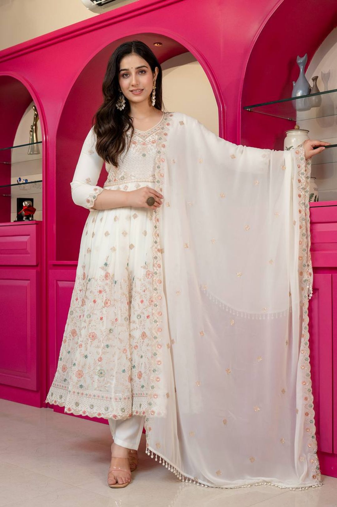 Ivory Anarkali Suit With Sequin Zari Embroidery And Dupatta