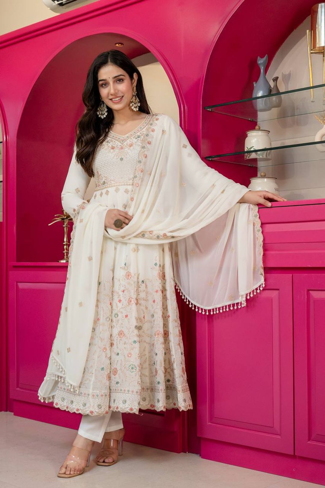 Ivory Anarkali Suit With Sequin Zari Embroidery And Dupatta
