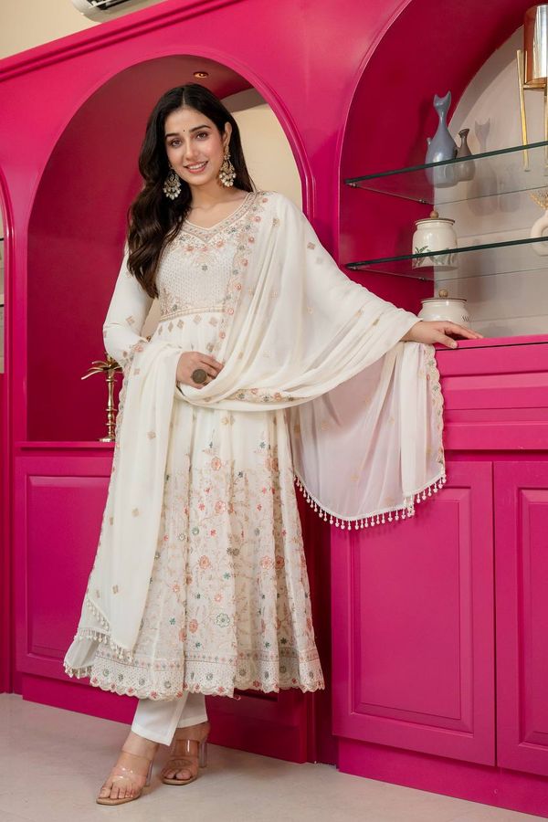Ivory Anarkali Suit With Sequin Zari Embroidery And Dupatta