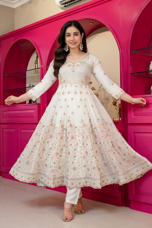 Ivory Anarkali Suit With Sequin Zari Embroidery And Dupatta