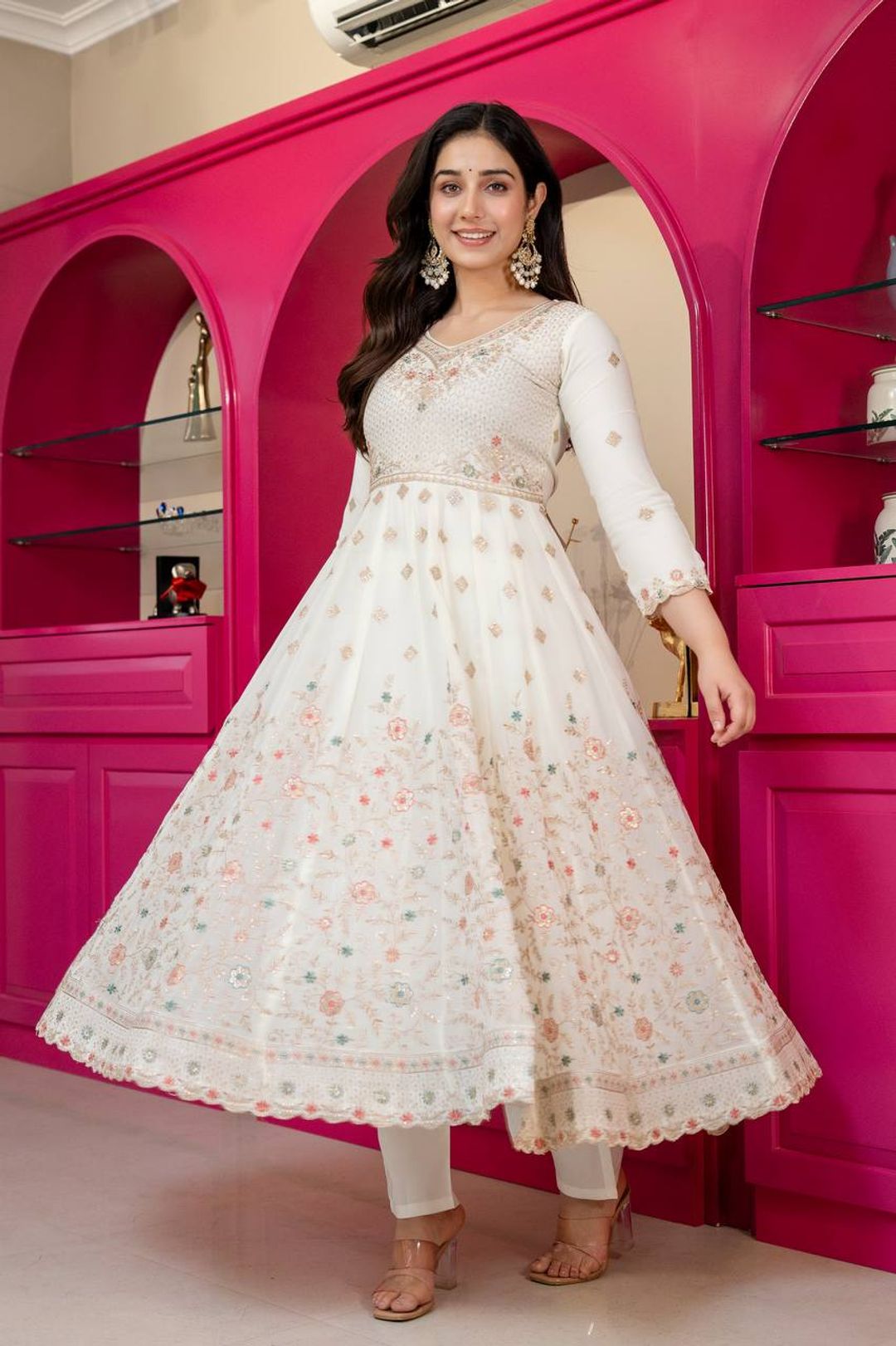 Ivory Anarkali Suit With Sequin Zari Embroidery And Dupatta
