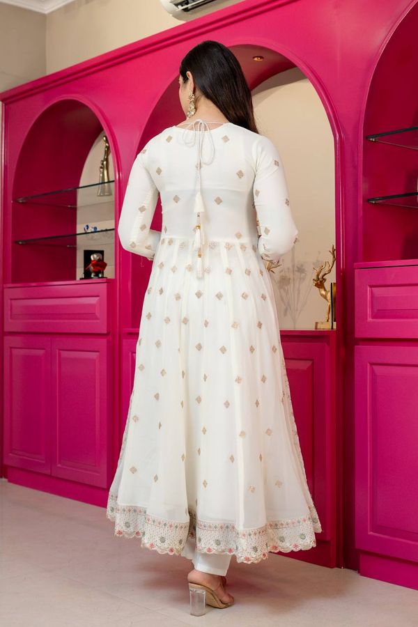 Ivory Anarkali Suit With Sequin Zari Embroidery And Dupatta