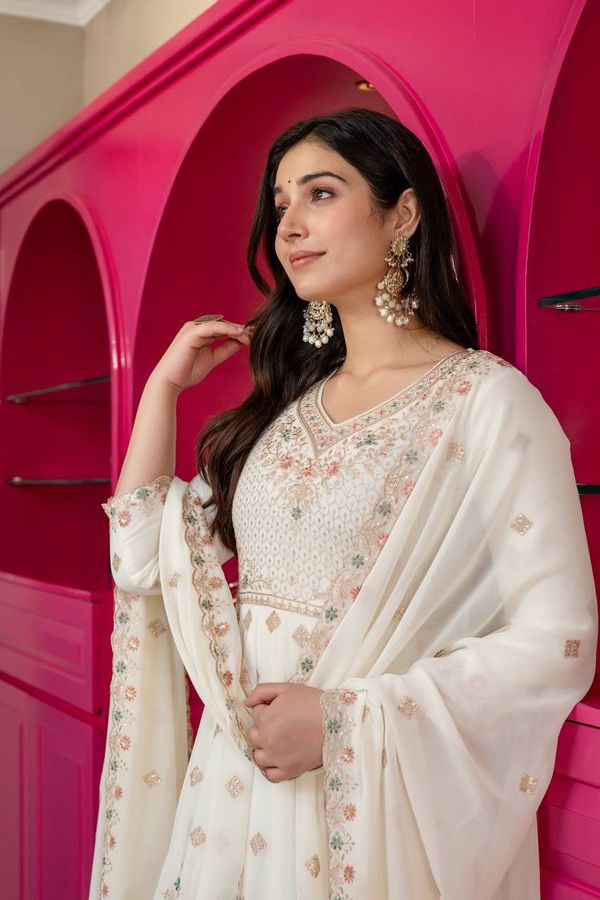 Ivory Anarkali Suit With Sequin Zari Embroidery And Dupatta