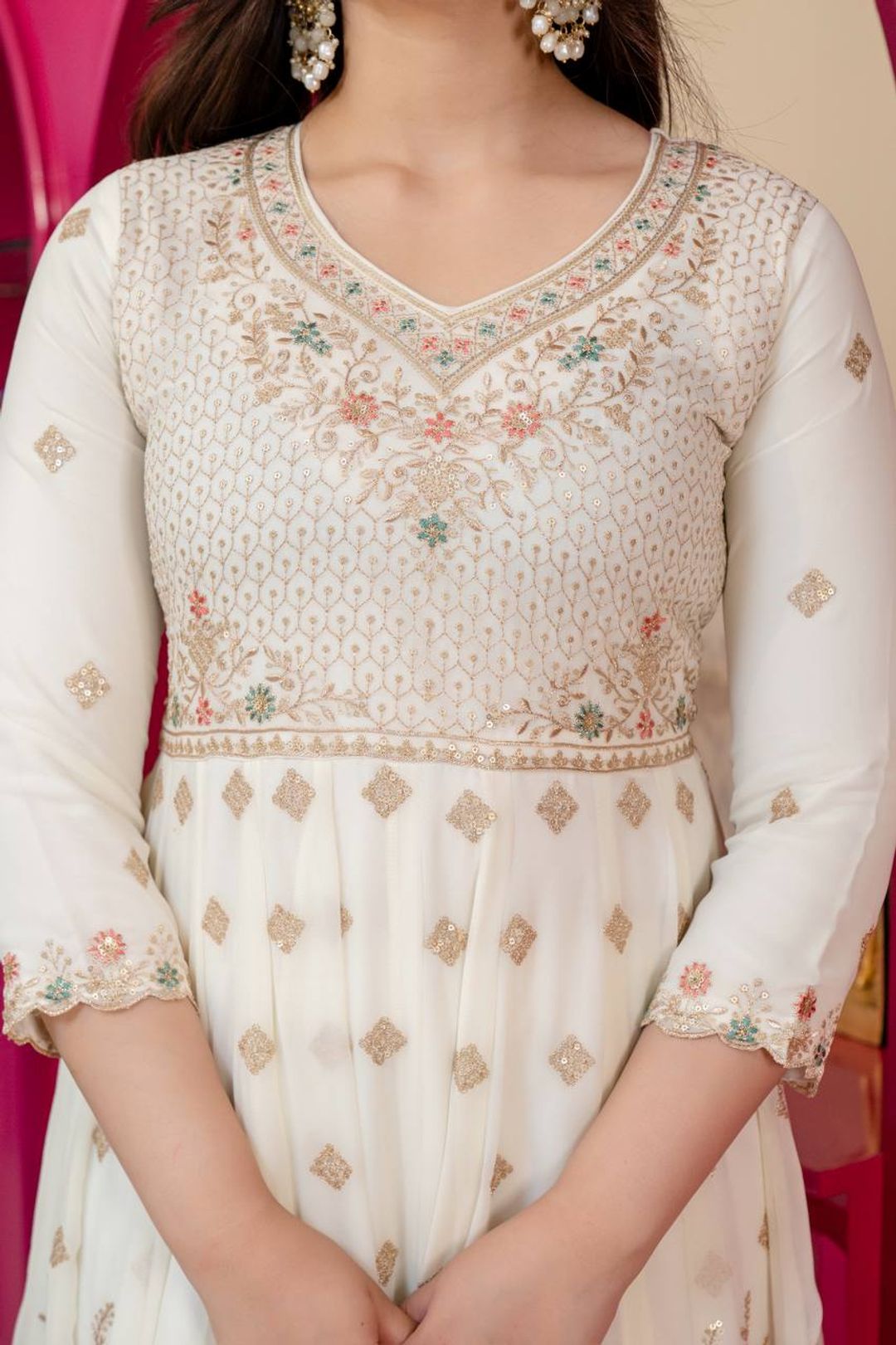 Ivory Anarkali Suit With Sequin Zari Embroidery And Dupatta