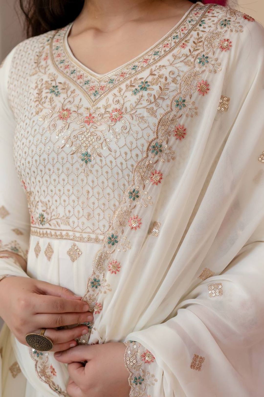 Ivory Anarkali Suit With Sequin Zari Embroidery And Dupatta
