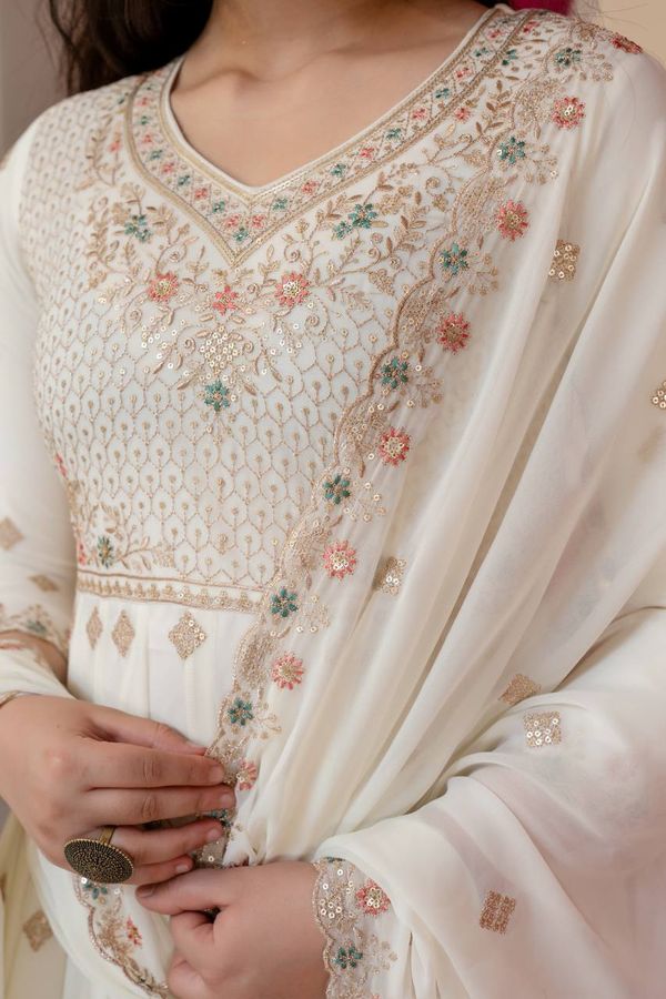 Ivory Anarkali Suit With Sequin Zari Embroidery And Dupatta