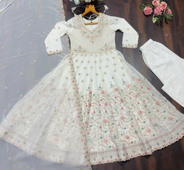 Ivory Anarkali Suit With Sequin Zari Embroidery And Dupatta