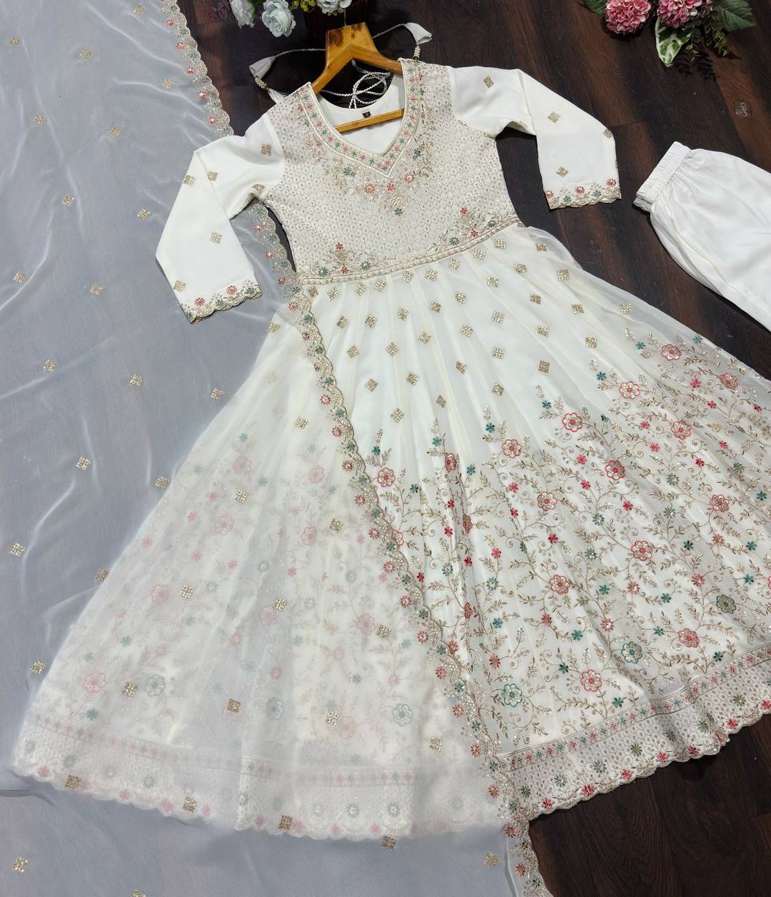 Ivory Anarkali Suit With Sequin Zari Embroidery And Dupatta