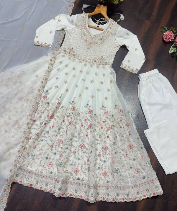 Ivory Anarkali Suit With Sequin Zari Embroidery And Dupatta