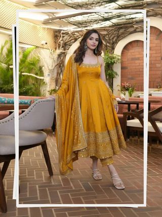 Yellow Vichitra Silk Embroidered Anarkali Suit Set with Dupatta