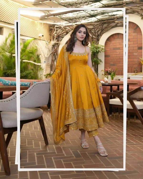 Yellow Vichitra Silk Embroidered Anarkali Suit Set with Dupatta
