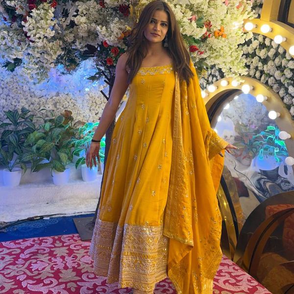 Yellow Vichitra Silk Embroidered Anarkali Suit Set with Dupatta