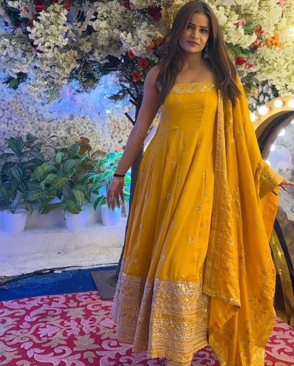 Yellow Vichitra Silk Embroidered Anarkali Suit Set with Dupatta