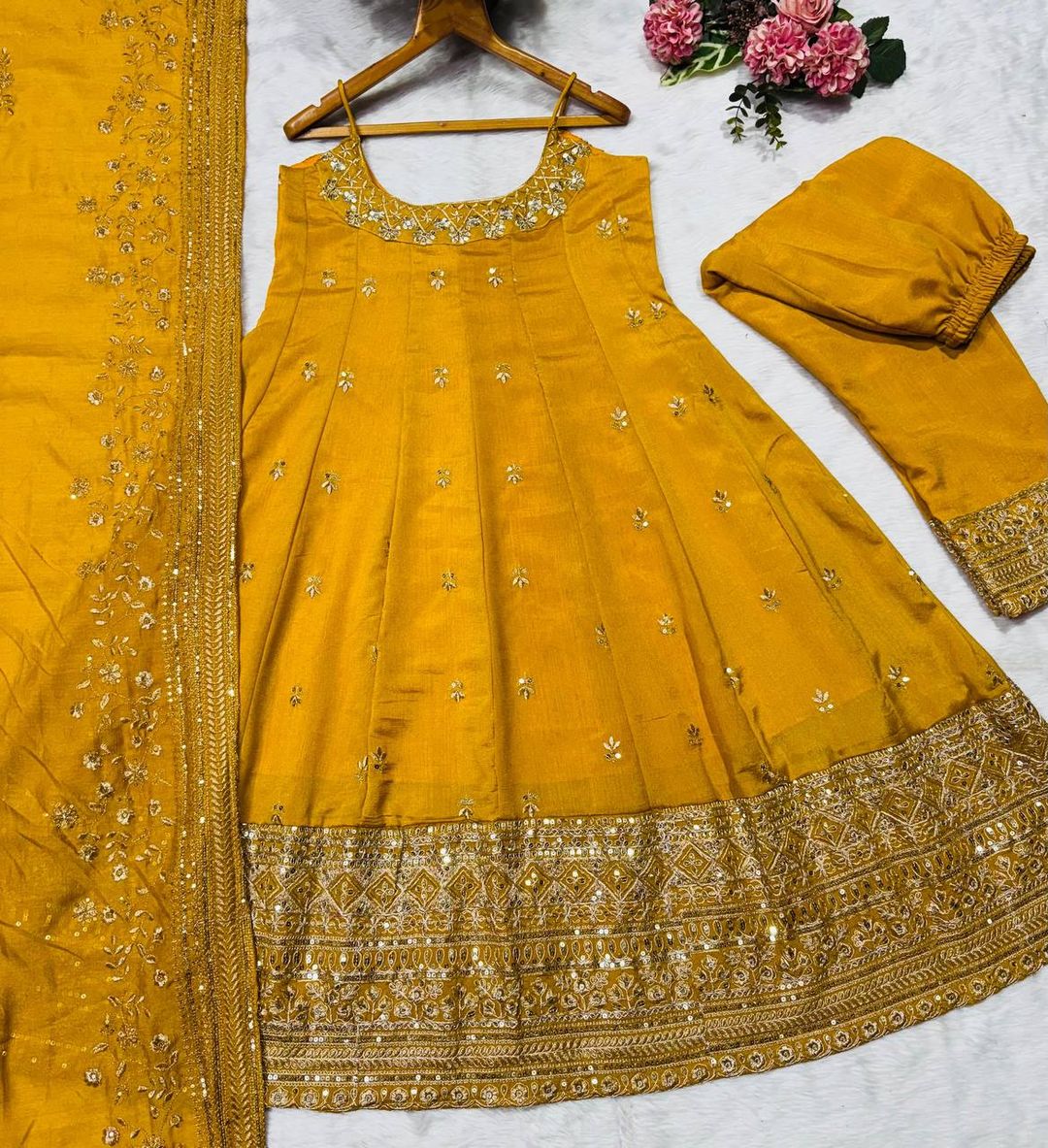 Yellow Vichitra Silk Embroidered Anarkali Suit Set with Dupatta