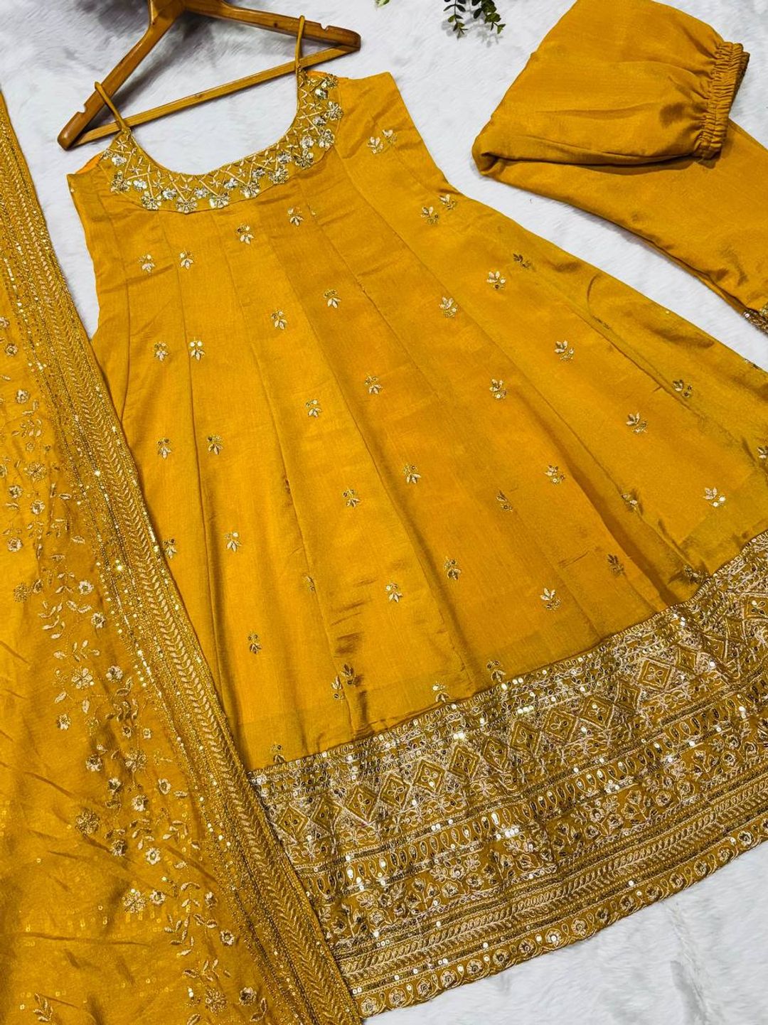 Yellow Vichitra Silk Embroidered Anarkali Suit Set with Dupatta