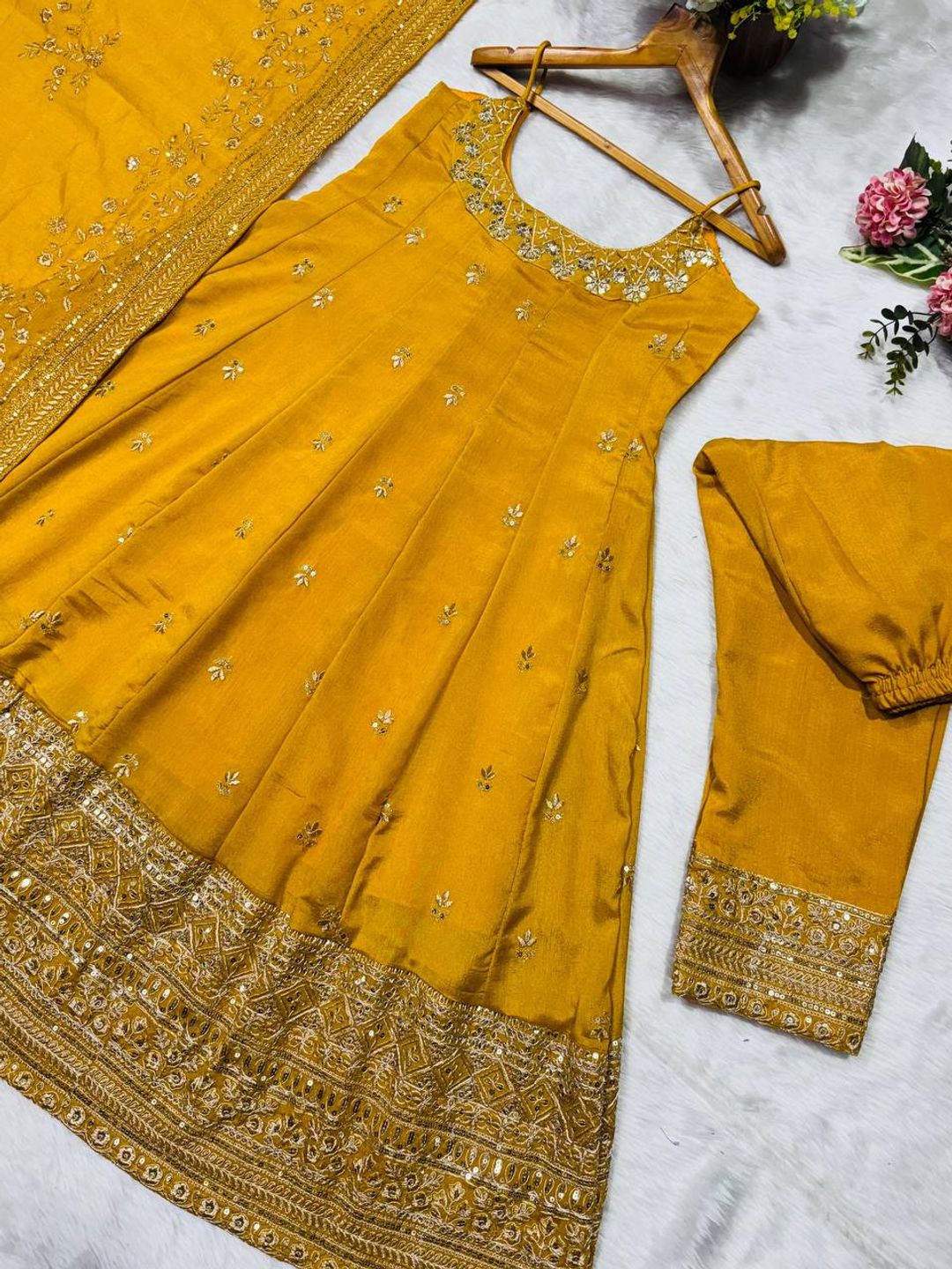 Yellow Vichitra Silk Embroidered Anarkali Suit Set with Dupatta