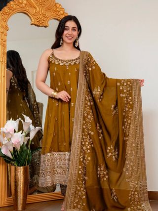 Mustard Vichitra Silk Embroidered Anarkali Suit Set