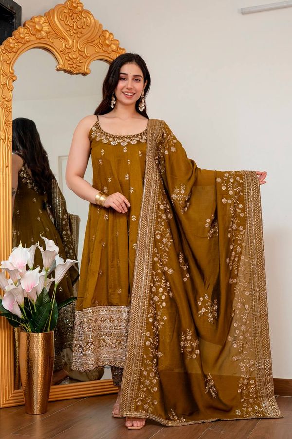 Mustard Vichitra Silk Embroidered Anarkali Suit Set